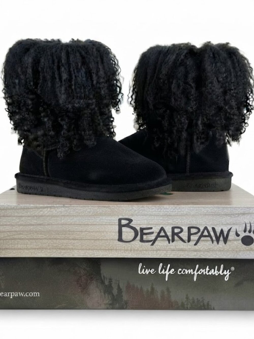 Bearpaw Boo Black Shearling Wool Lined Curly Lamb Fur Sherpa Boho Boots Sz 6 NEW